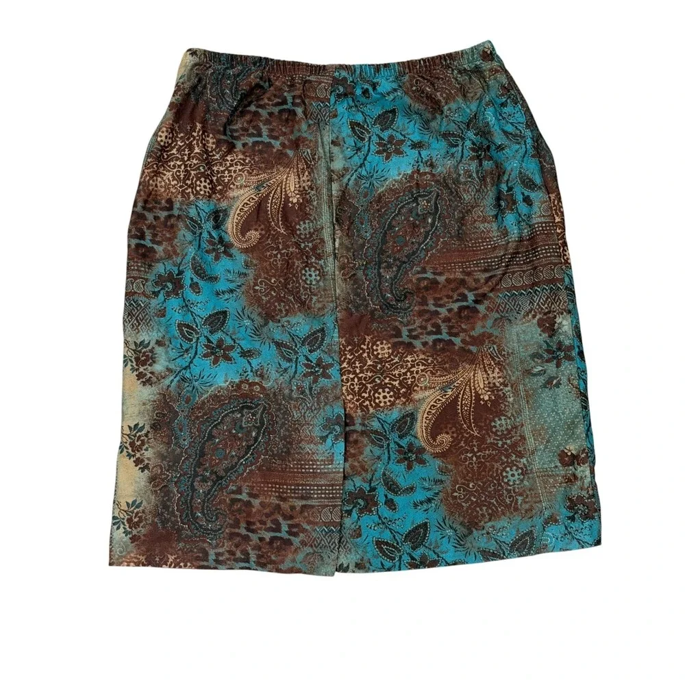 Vintage Midi Straight Skirt Paisley Leopard Print Turquoise Brown Y2K Size 12P